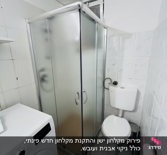 מקלחון בחדר אמבטיה עם מכונת כביסה ושירותים